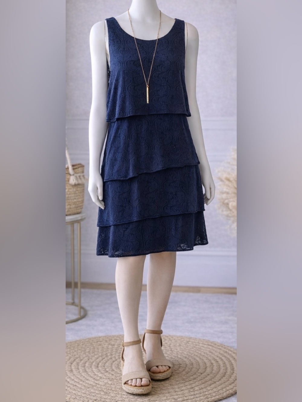 Suzi Chin for Maggy Boutique Navy Layered Lace Midi Dress, L